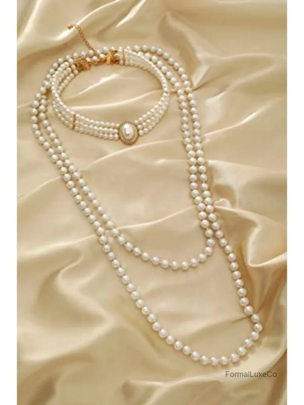 Faux Pearl Necklace & Choker Set Long 59